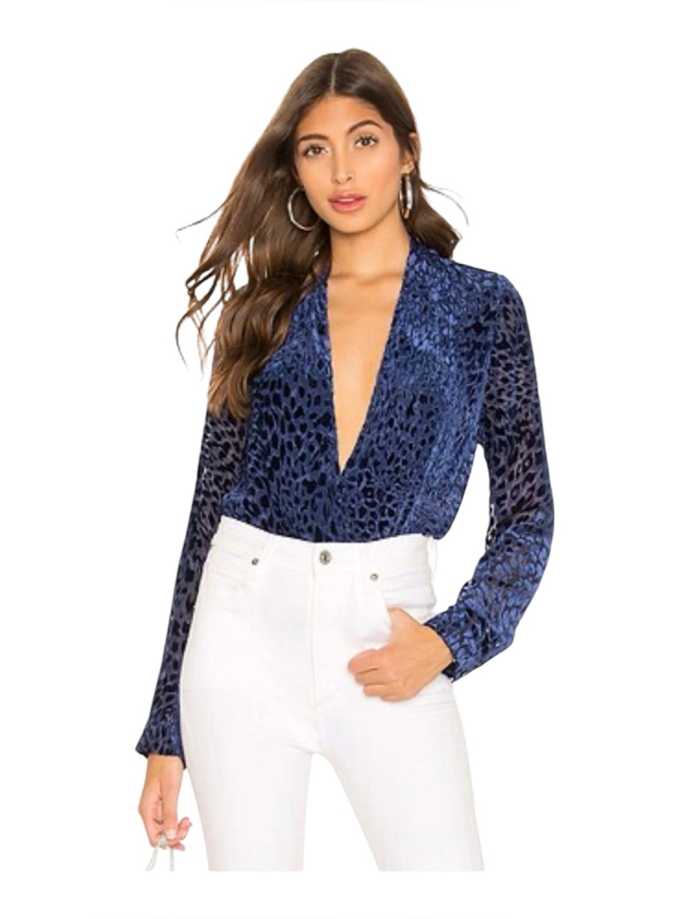 L’Agence Lydia Drape Front Blouse Size XS Blue Velvet Burnout Animal Print